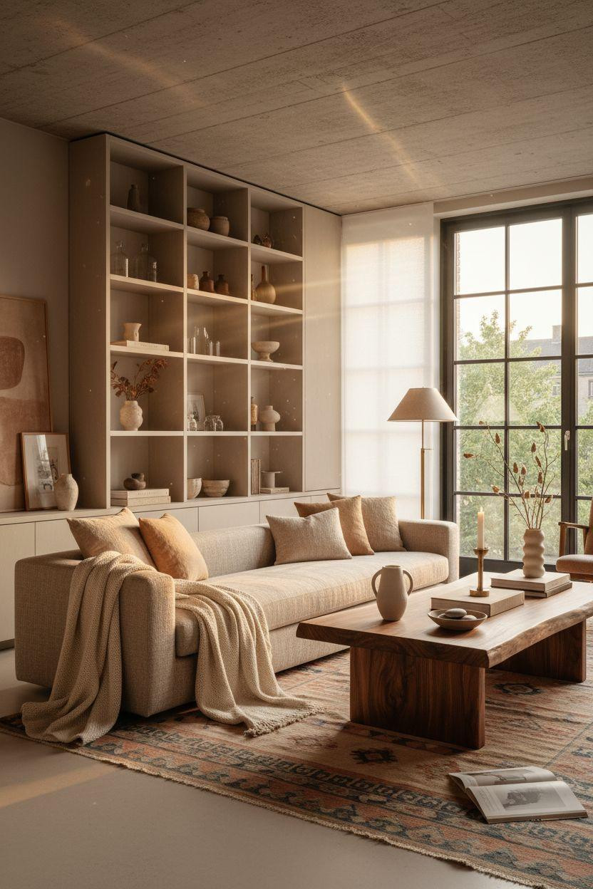 Organic Modern Living Room with natural textures and warm metallic tones