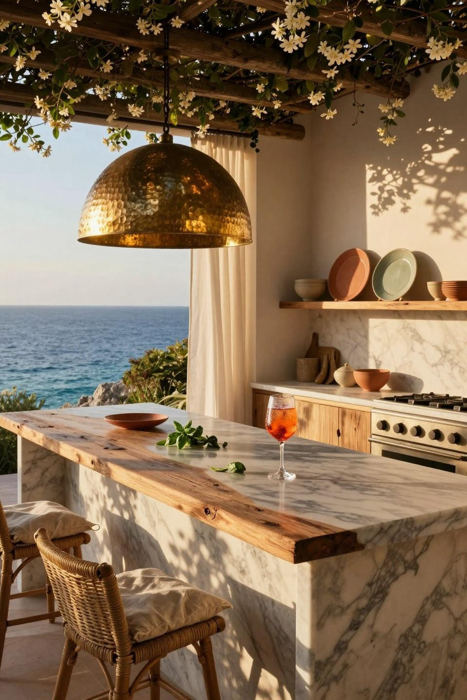 Bloxburg backyard ideas - luxury outdoor kitchen with brass pendant and marble island