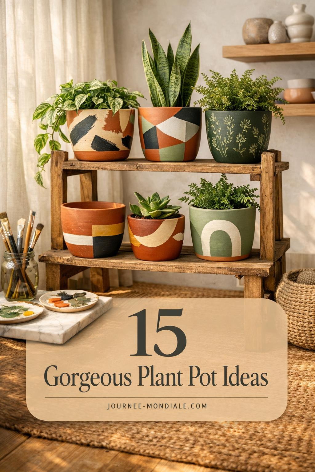 Hand-painted terracotta pots with geometric patterns and botanical designs on teak plant stand with trailing pothos and ferns