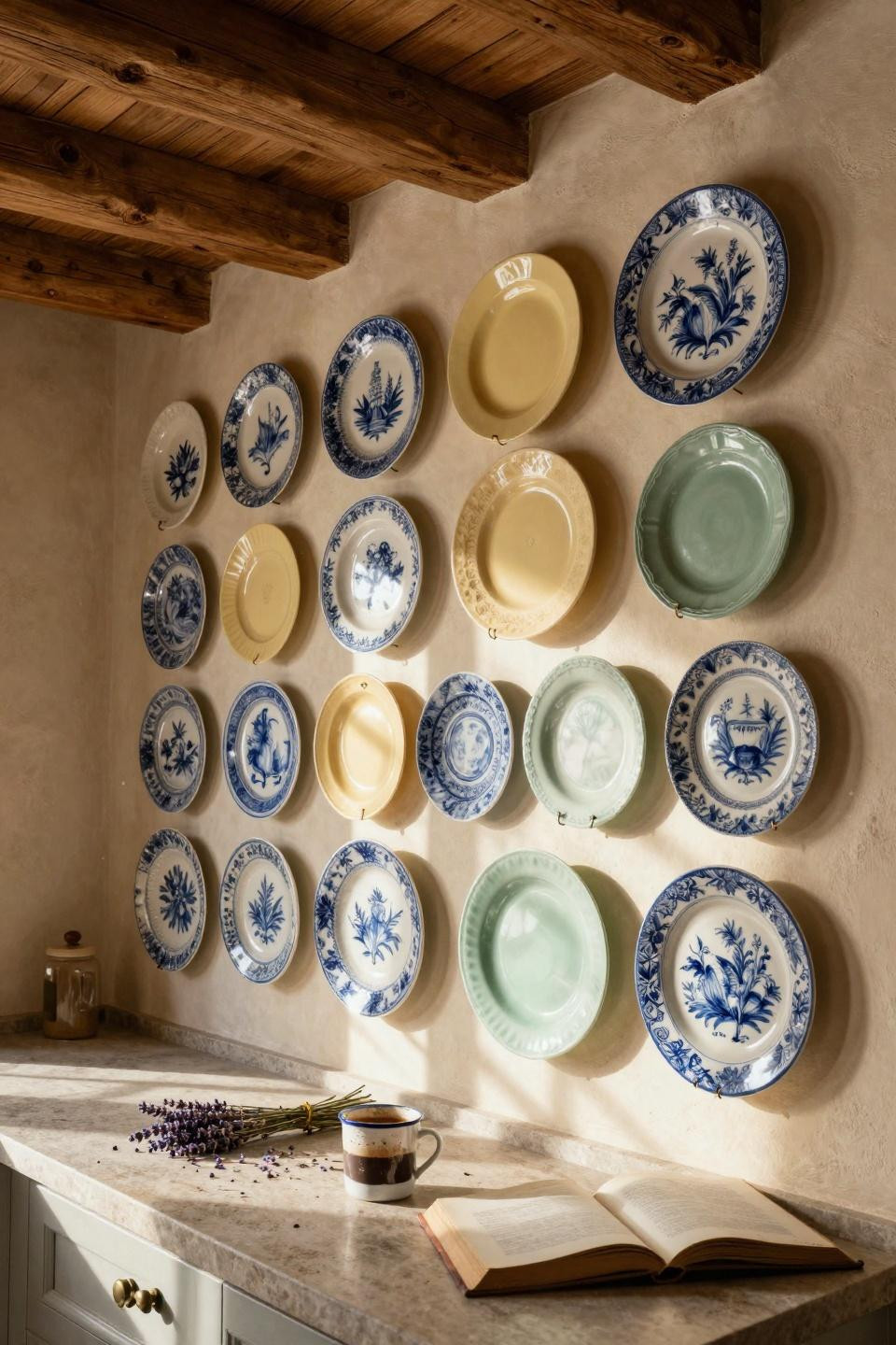 Plate wall decor with French faience plates and exposed beams