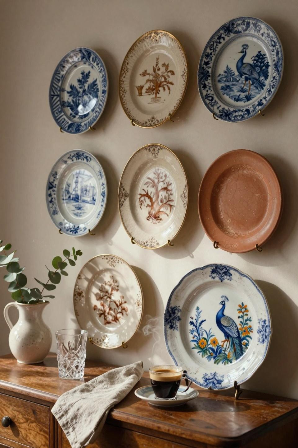 Plate wall decor featuring vintage transferware and majolica