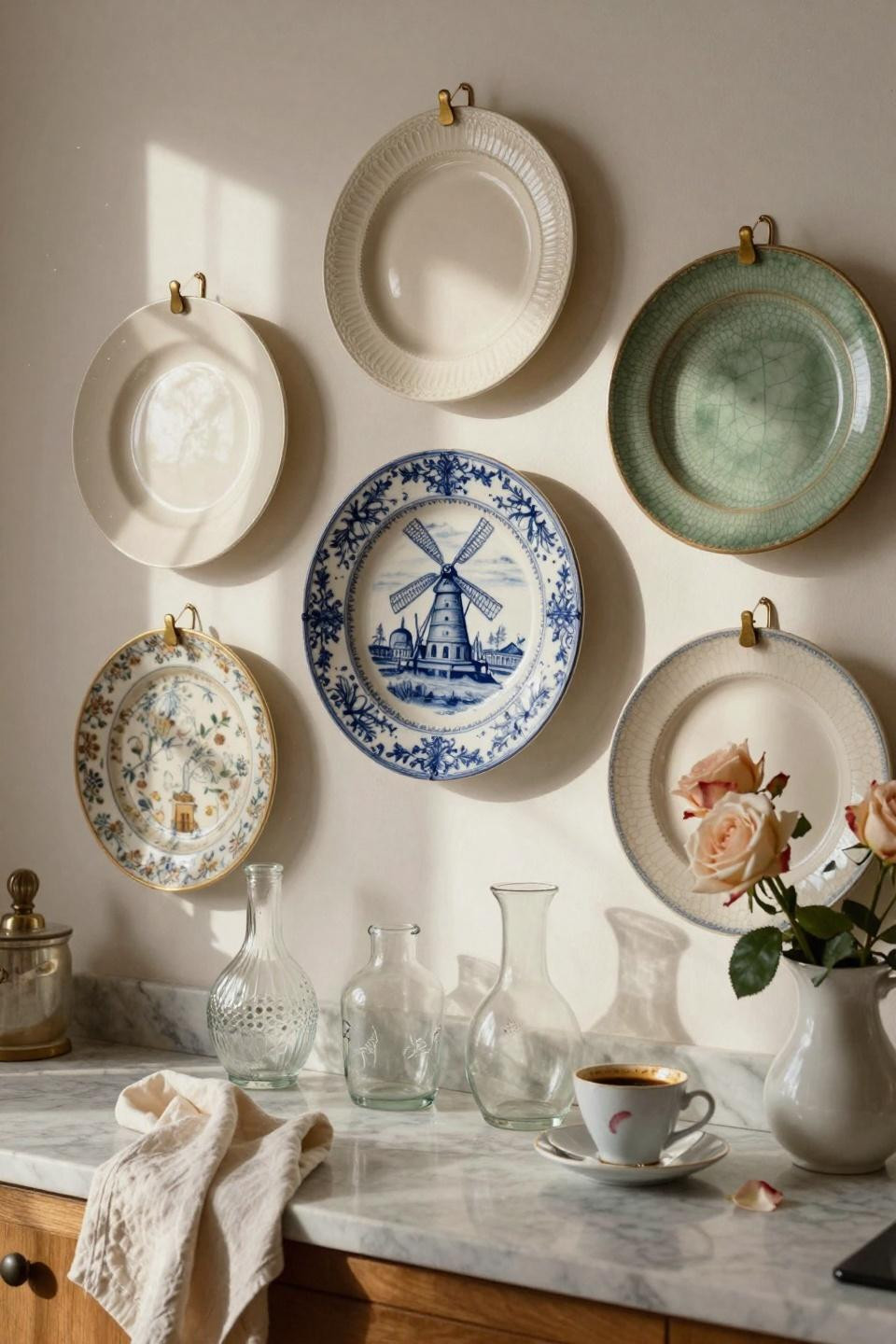 Plate wall decor with antique Delft blue plates and brass hangers