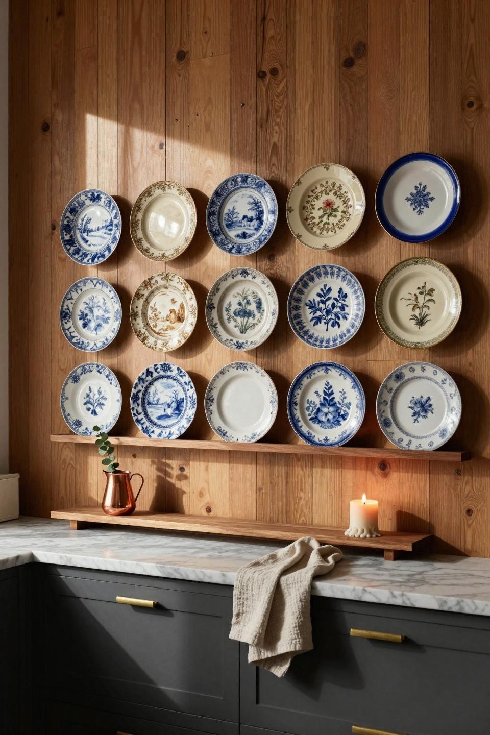 Plate wall decor on wood shiplap with vintage porcelain