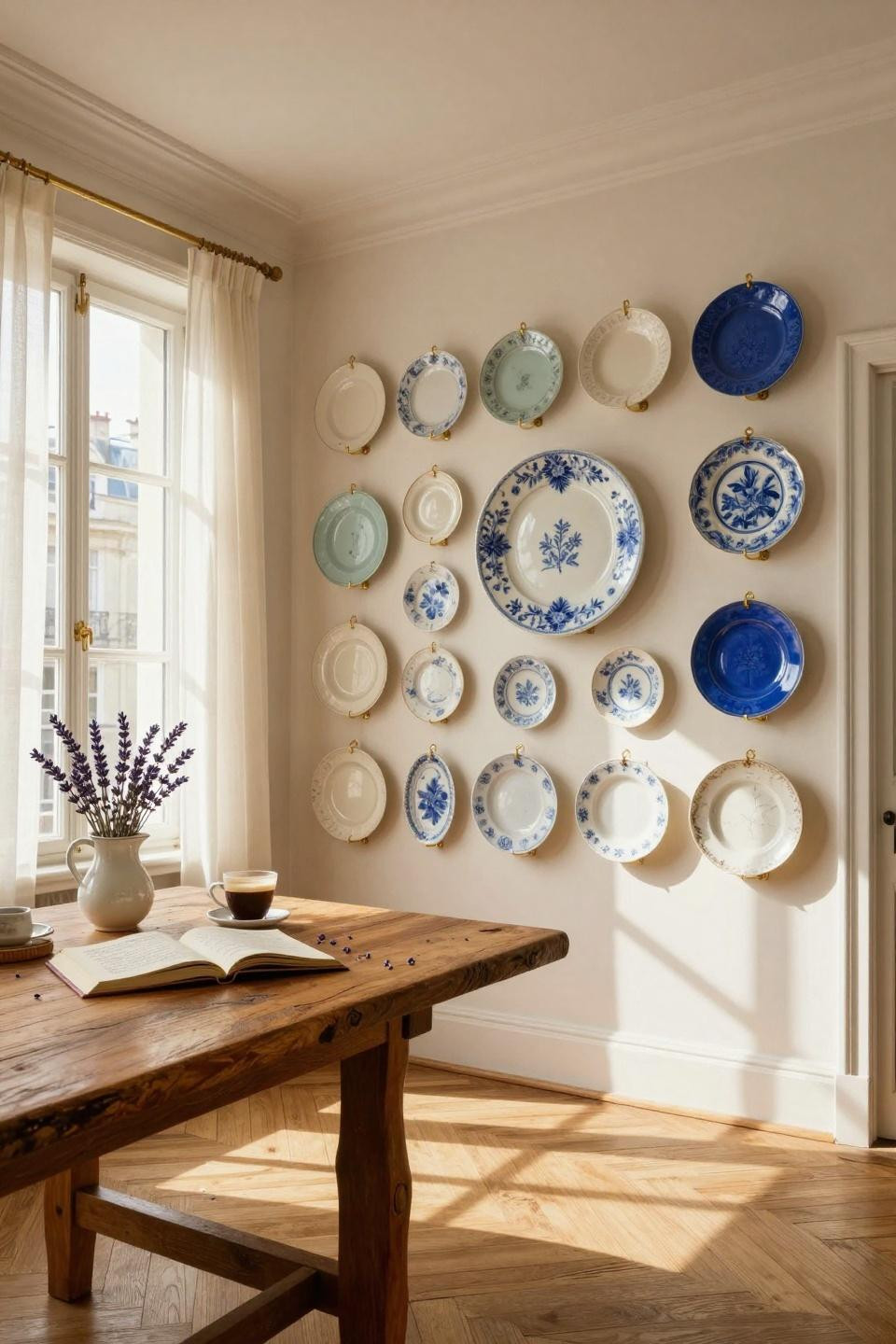 Plate wall decor in a French apartment with vintage ceramics