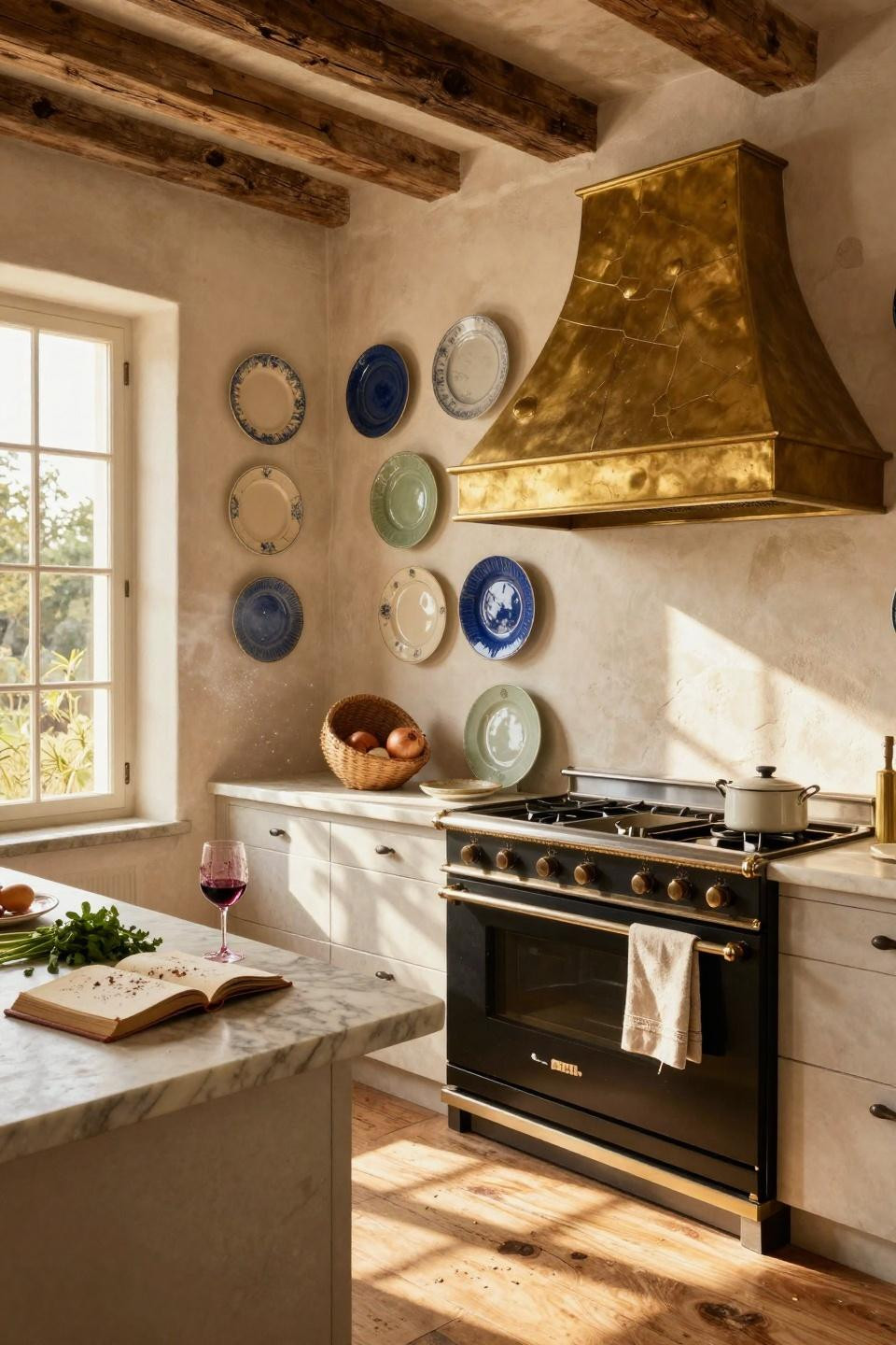 Plate wall decor beside a vintage range with brass accents