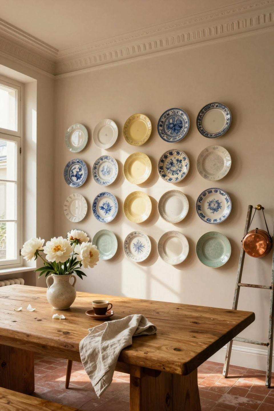 Plate wall decor in a European kitchen with farmhouse style
