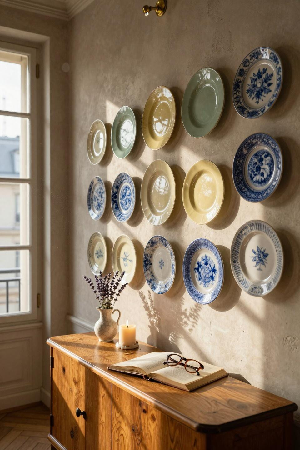 Plate wall decor with antique plates and brass lighting