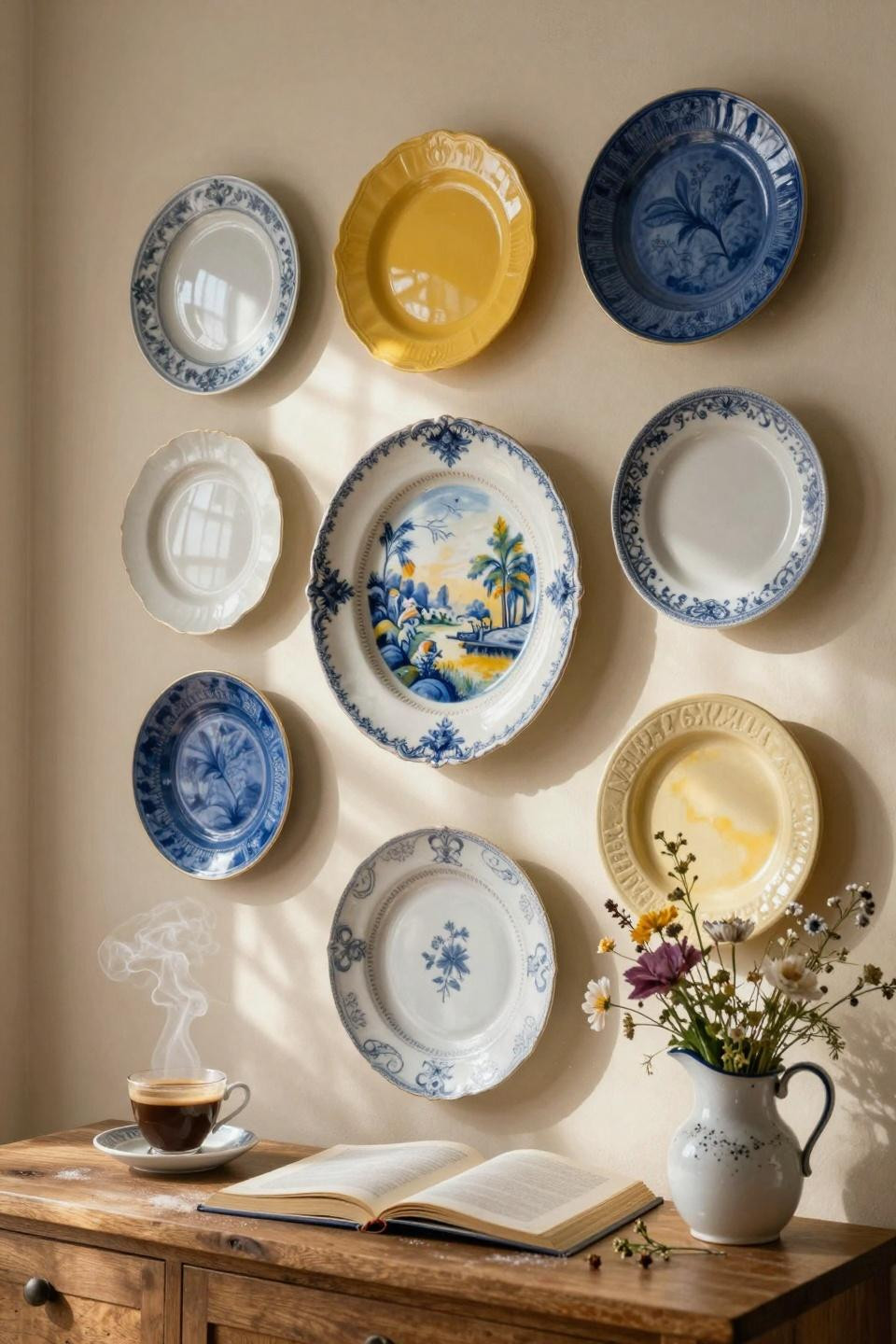 Plate wall decor featuring vintage plates in a Parisian kitchen