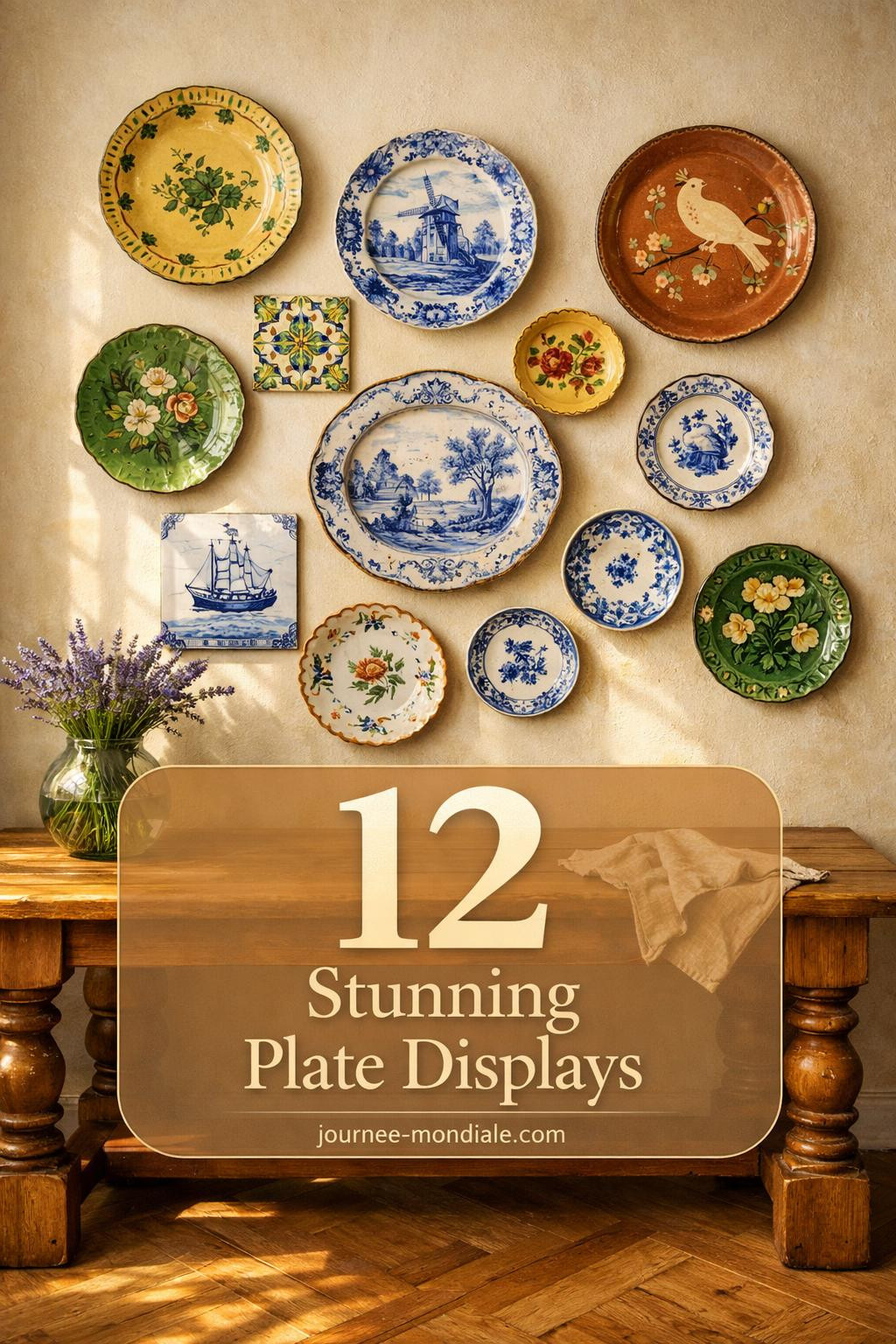 White and blue decorative plates arranged in asymmetric gallery wall pattern above dining table with vintage chairs