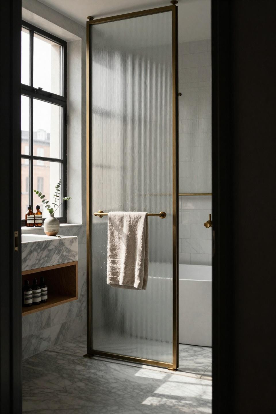 Pocket doors bathroom view from doorway with frosted glass