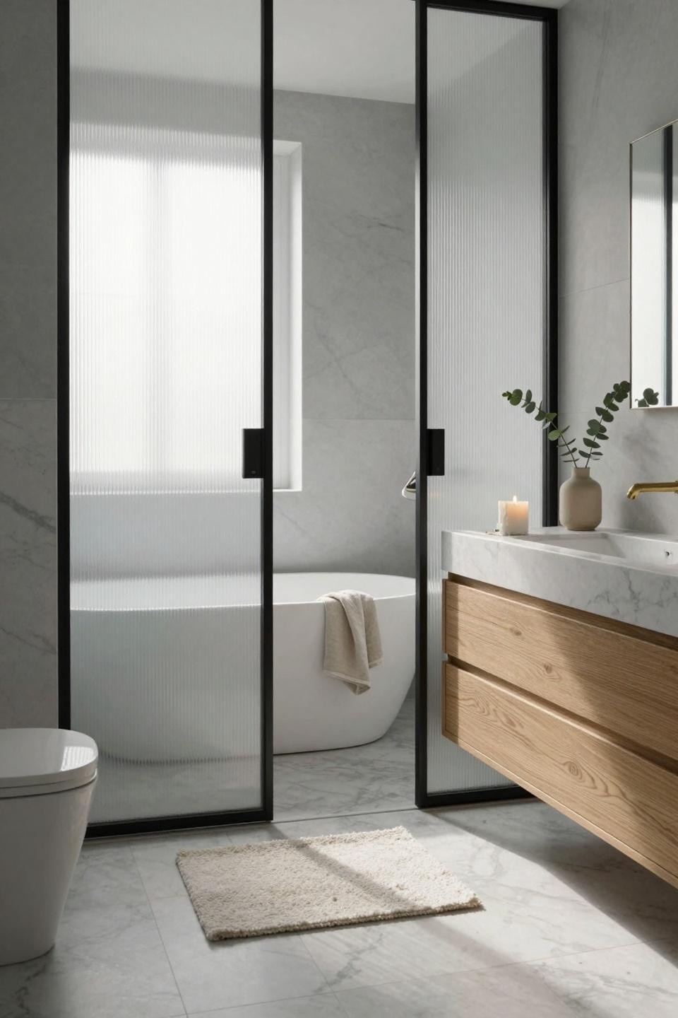 Pocket doors bathroom with black steel framed glass panels
