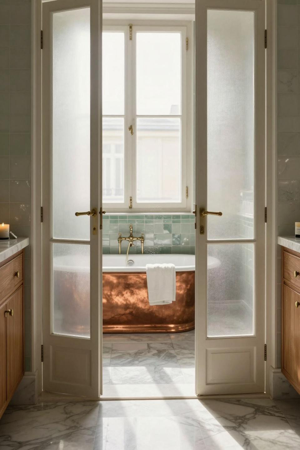 Pocket doors bathroom with sage green tile and frosted glass