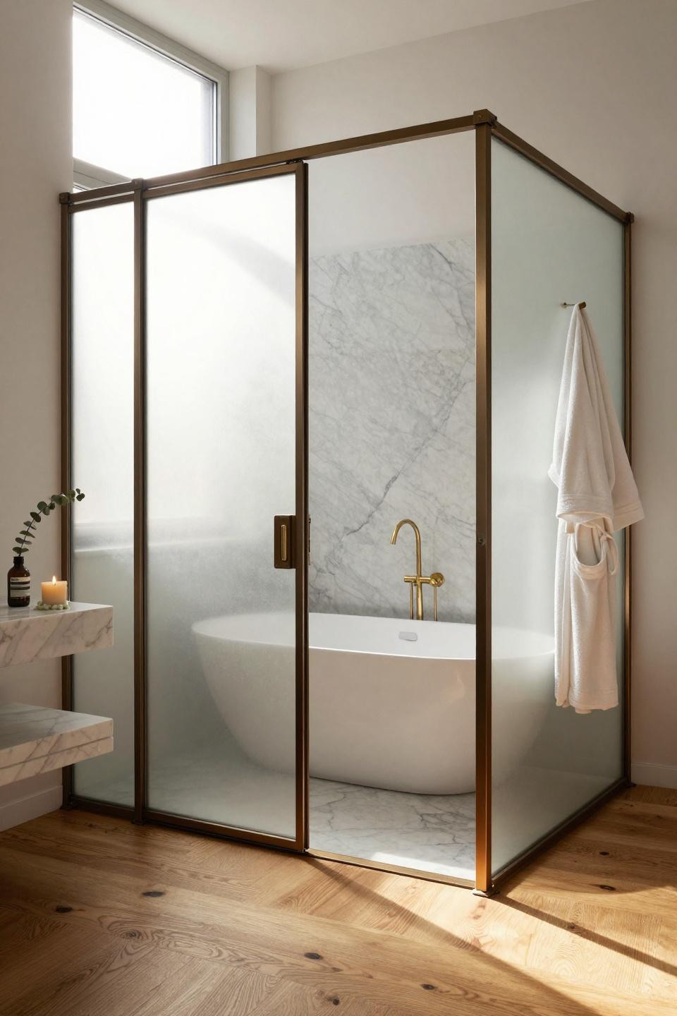 Pocket doors bathroom overhead angle with bronze frames