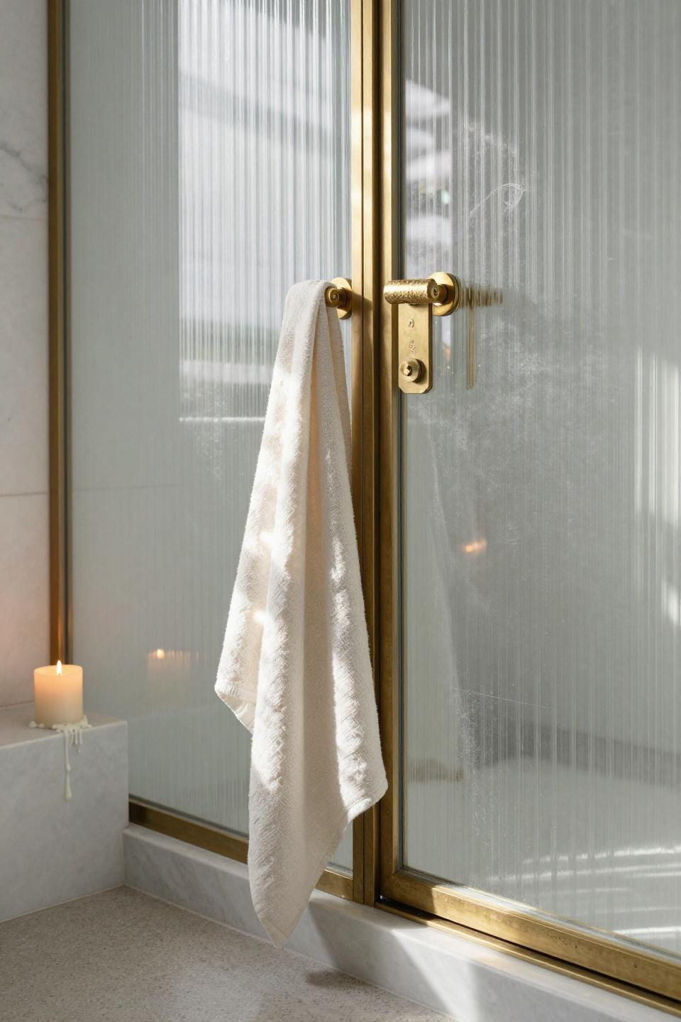 Pocket doors bathroom brass pull and glass detail
