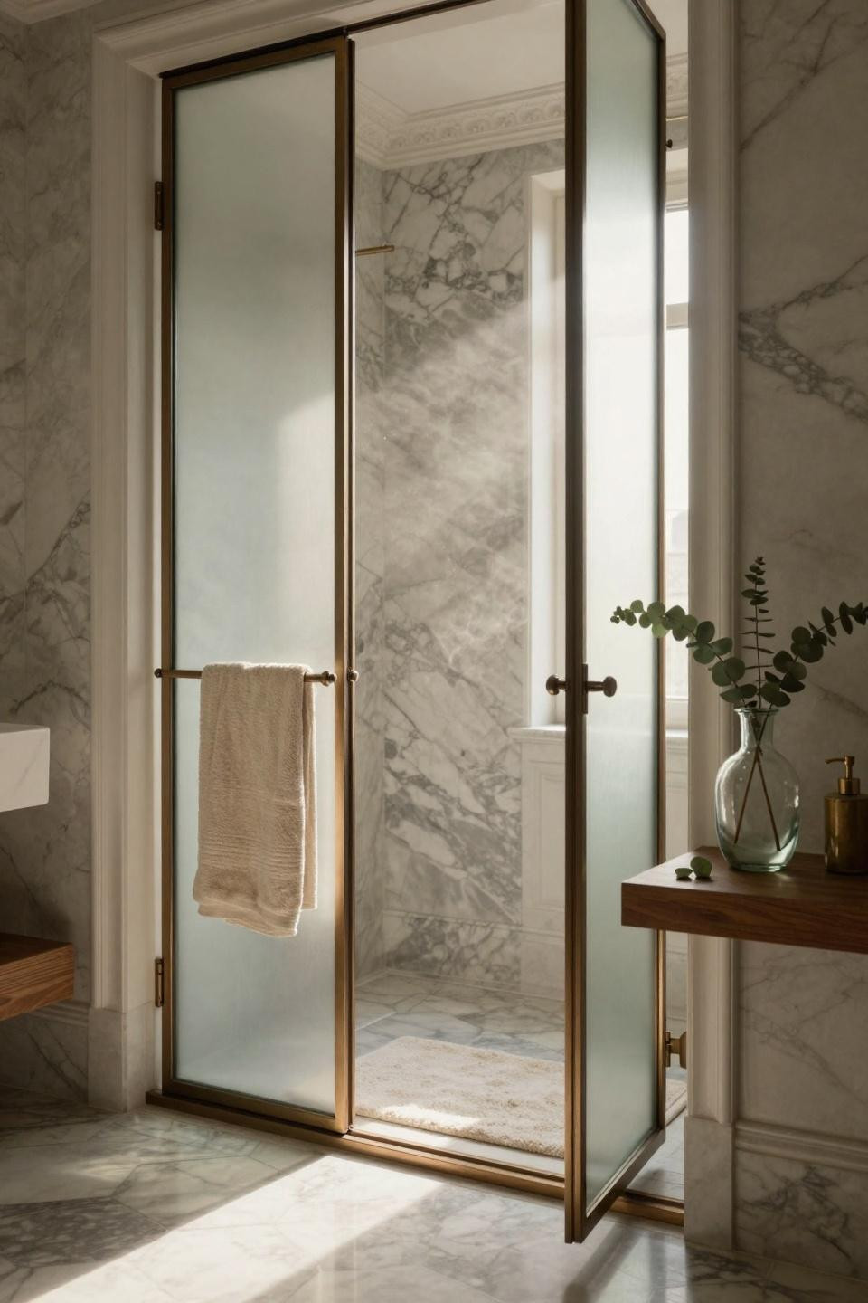 Pocket doors bathroom with reeded glass and brass details