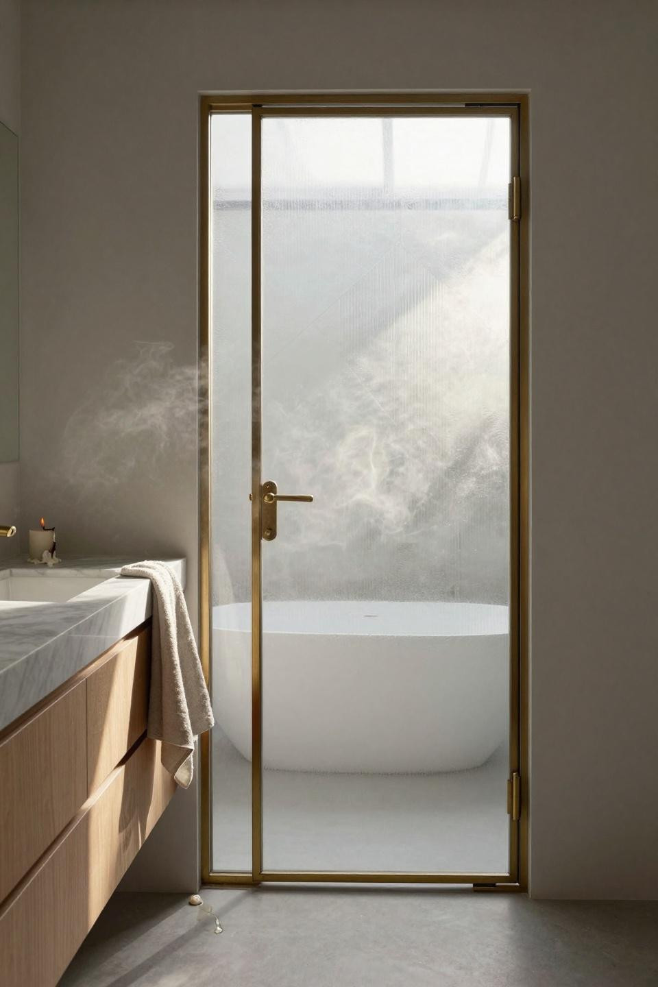 Pocket doors bathroom with geometric frosted glass pattern