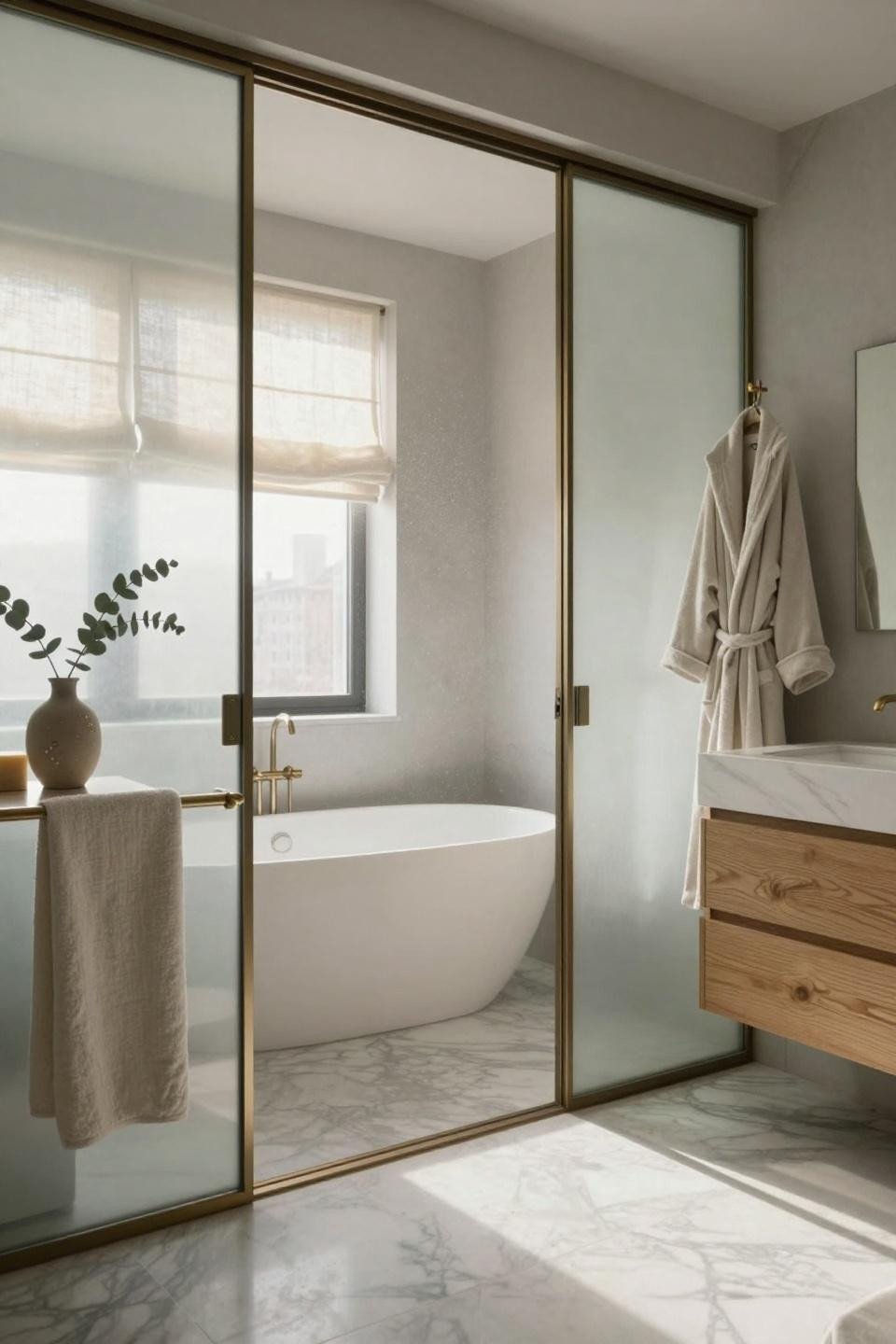 Pocket doors bathroom with full height brass track system