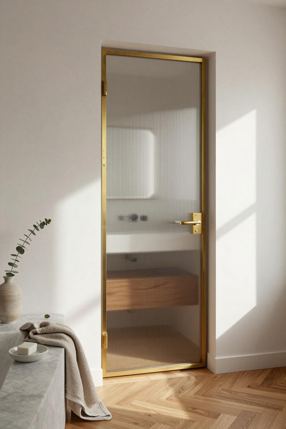 Pocket doors bathroom with walnut vanity and fluted glass