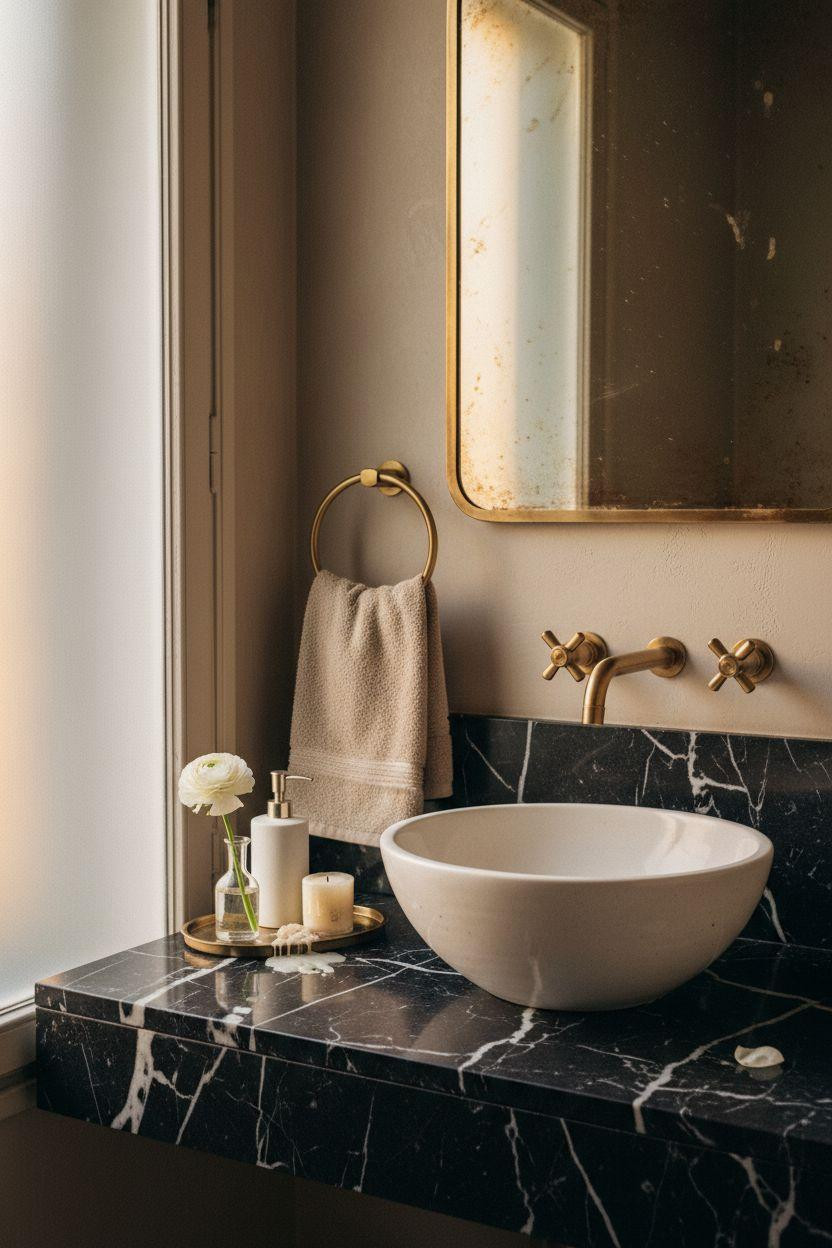 Powder Room Ideas - black marble with brass fixtures