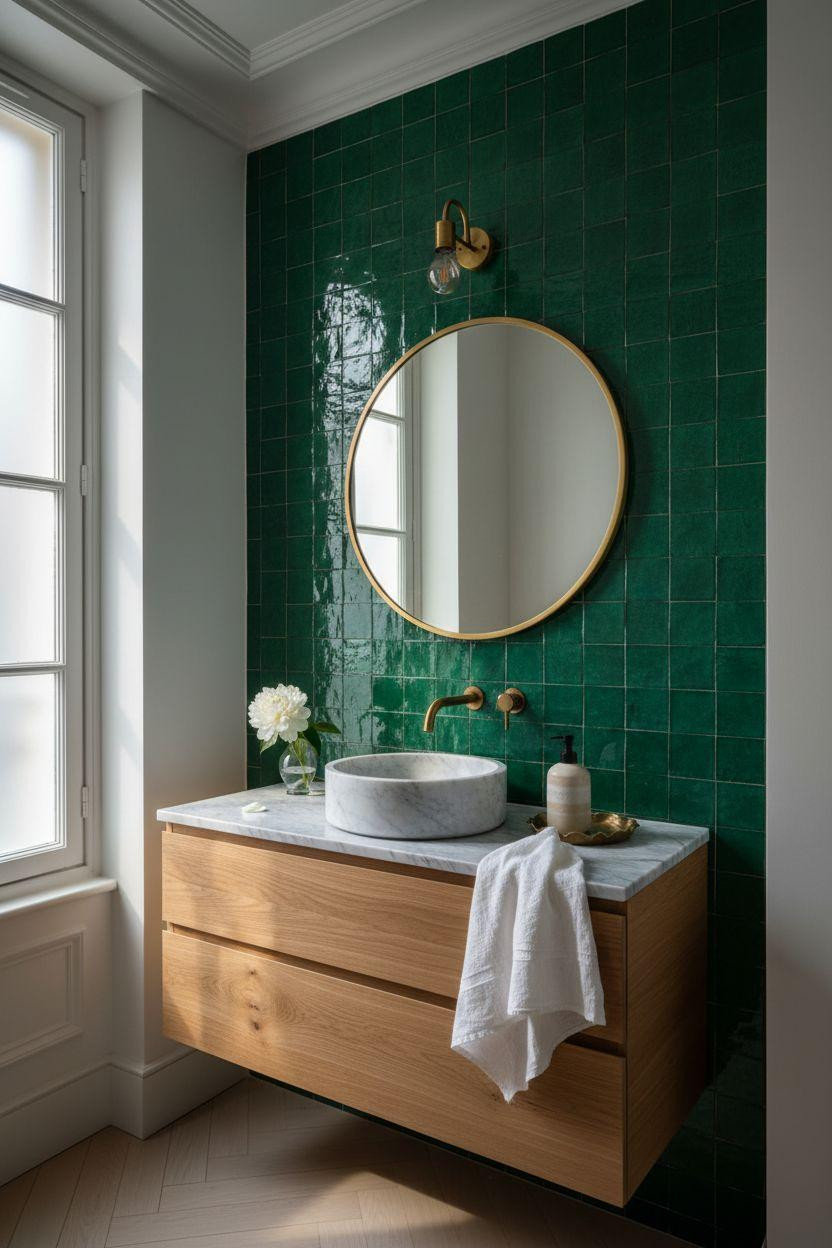 Powder Room Ideas - emerald zellige with brass mirror