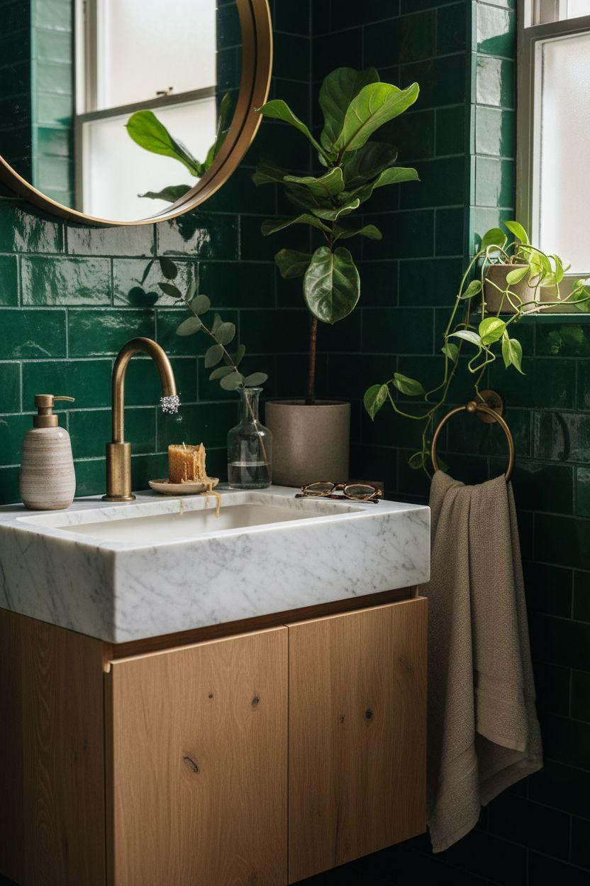 Powder Room Ideas - emerald zellige tile with tropical plants