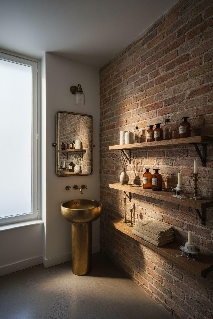Powder Room Ideas - exposed brick wall with brass fixtures