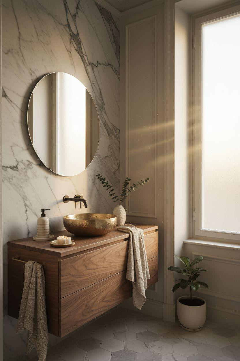 Powder Room Ideas - marble accent wall with brass fixtures