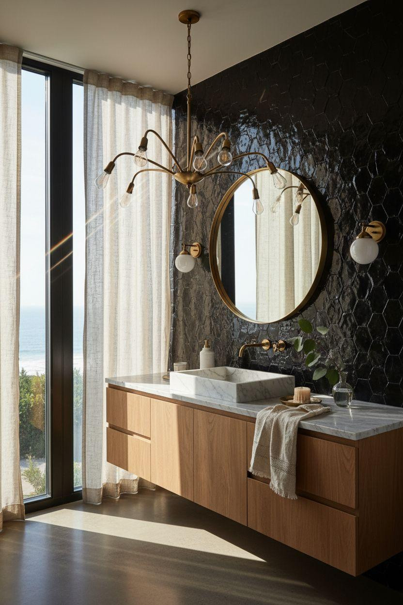 Powder Room Ideas - statement chandelier with glossy tile