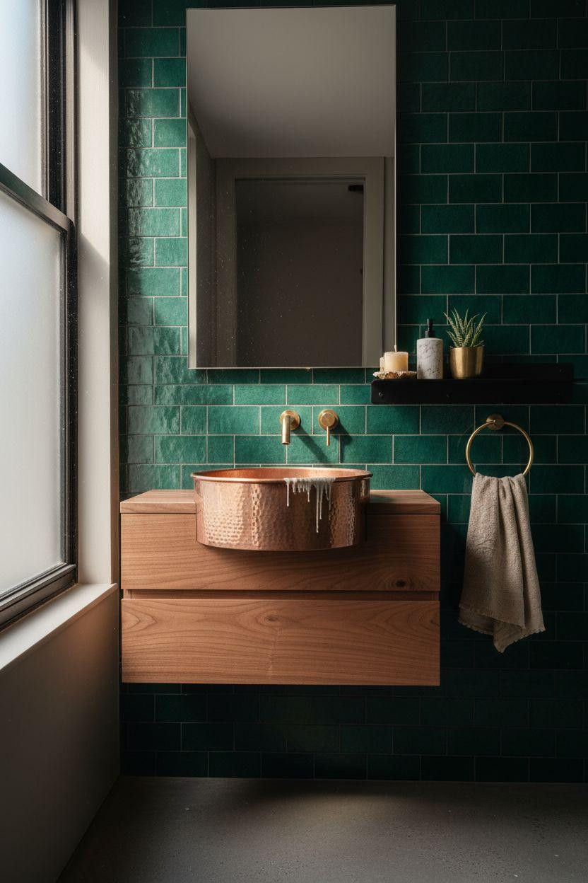 Powder Room Ideas - copper vessel sink with green tile