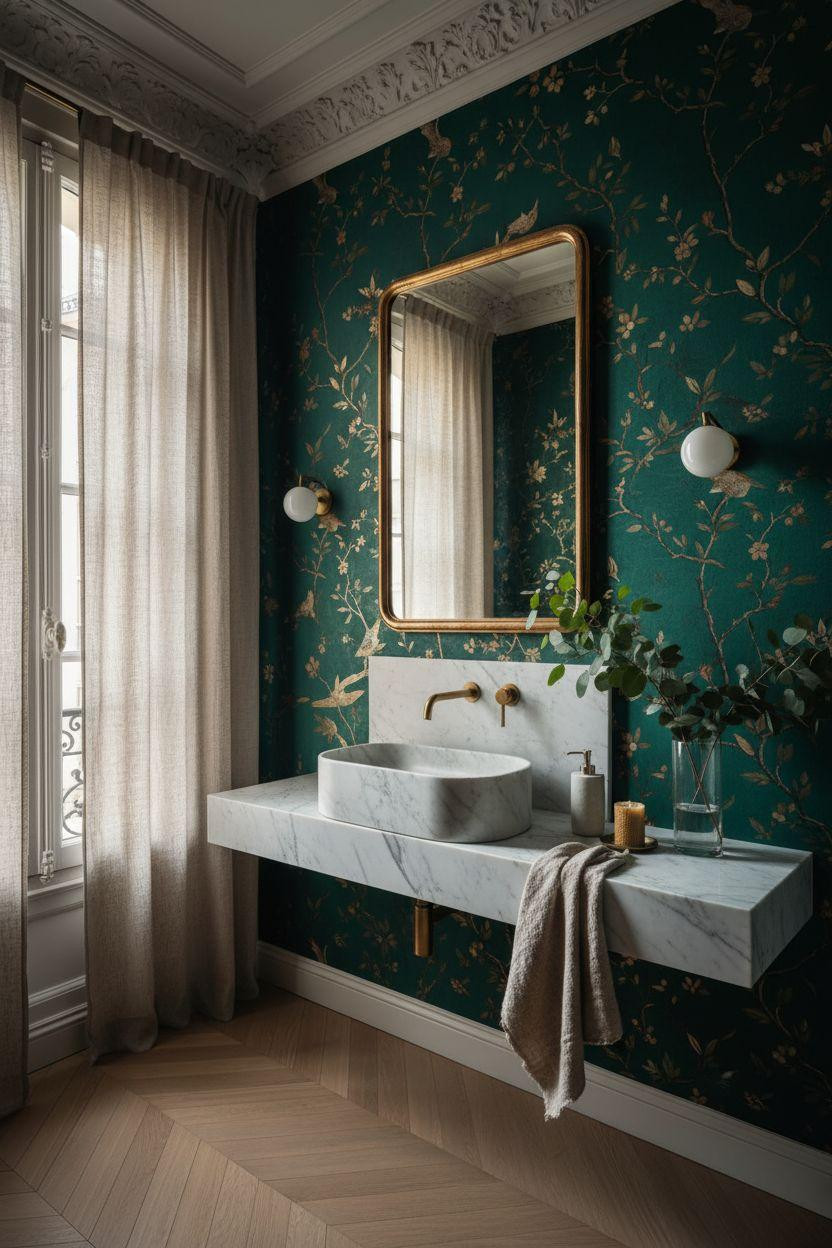 Powder Room Ideas - emerald chinoiserie with arched window