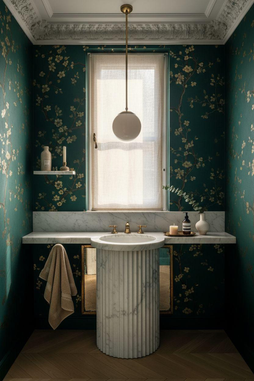 Powder Room Ideas - fluted pedestal sink with bold wallpaper