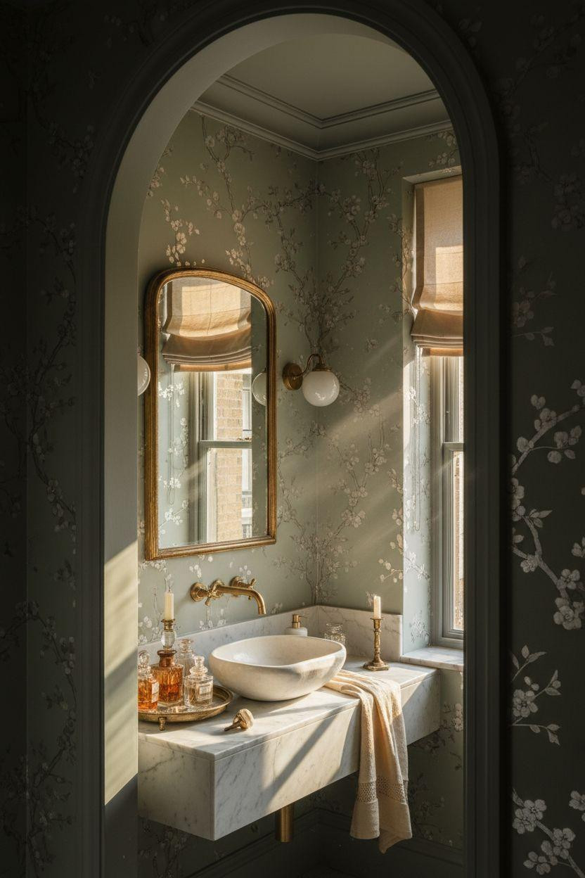 Powder Room Ideas - sage wallpaper with silver leaf details