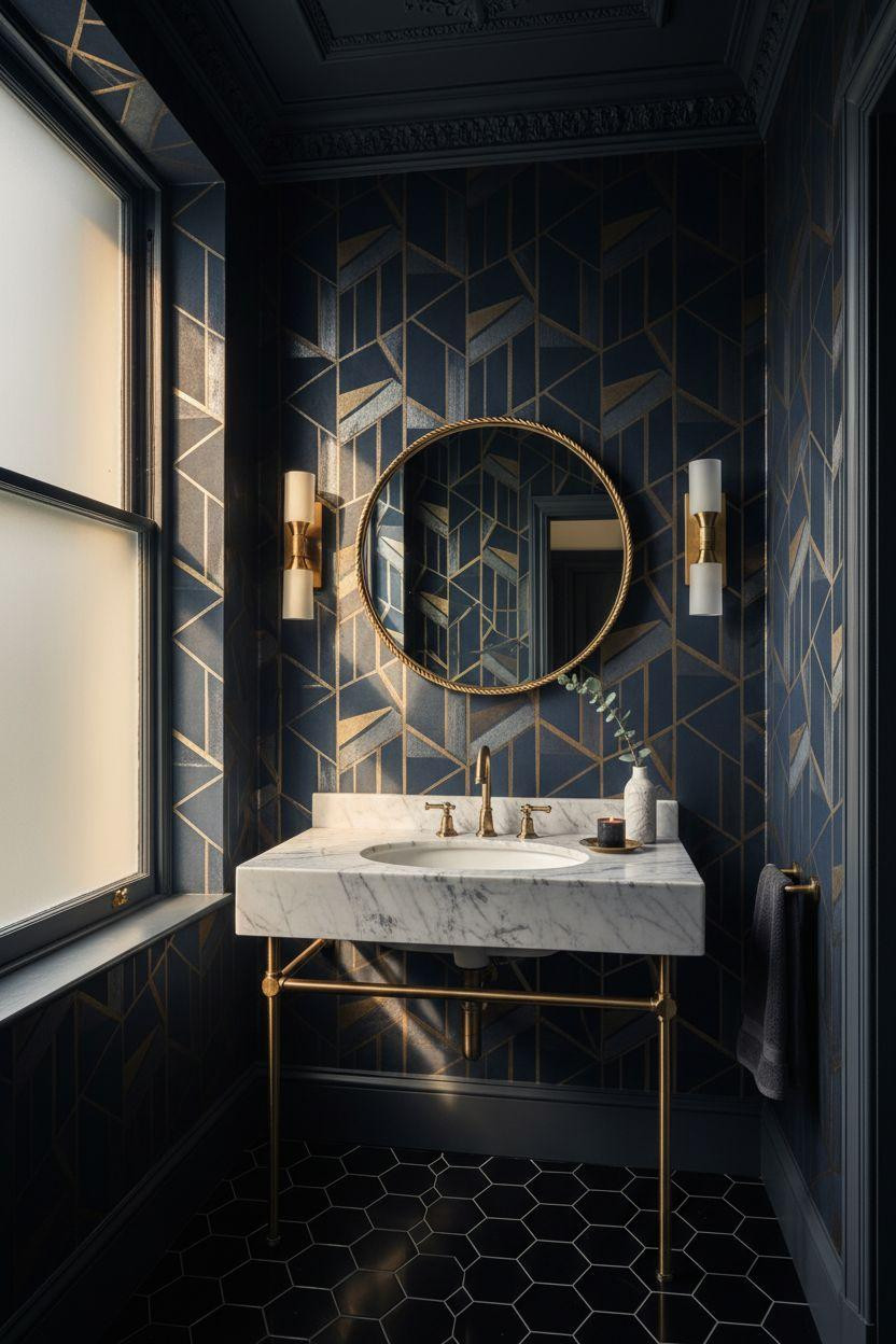 Powder Room Ideas - navy geometric wallpaper with brass accents