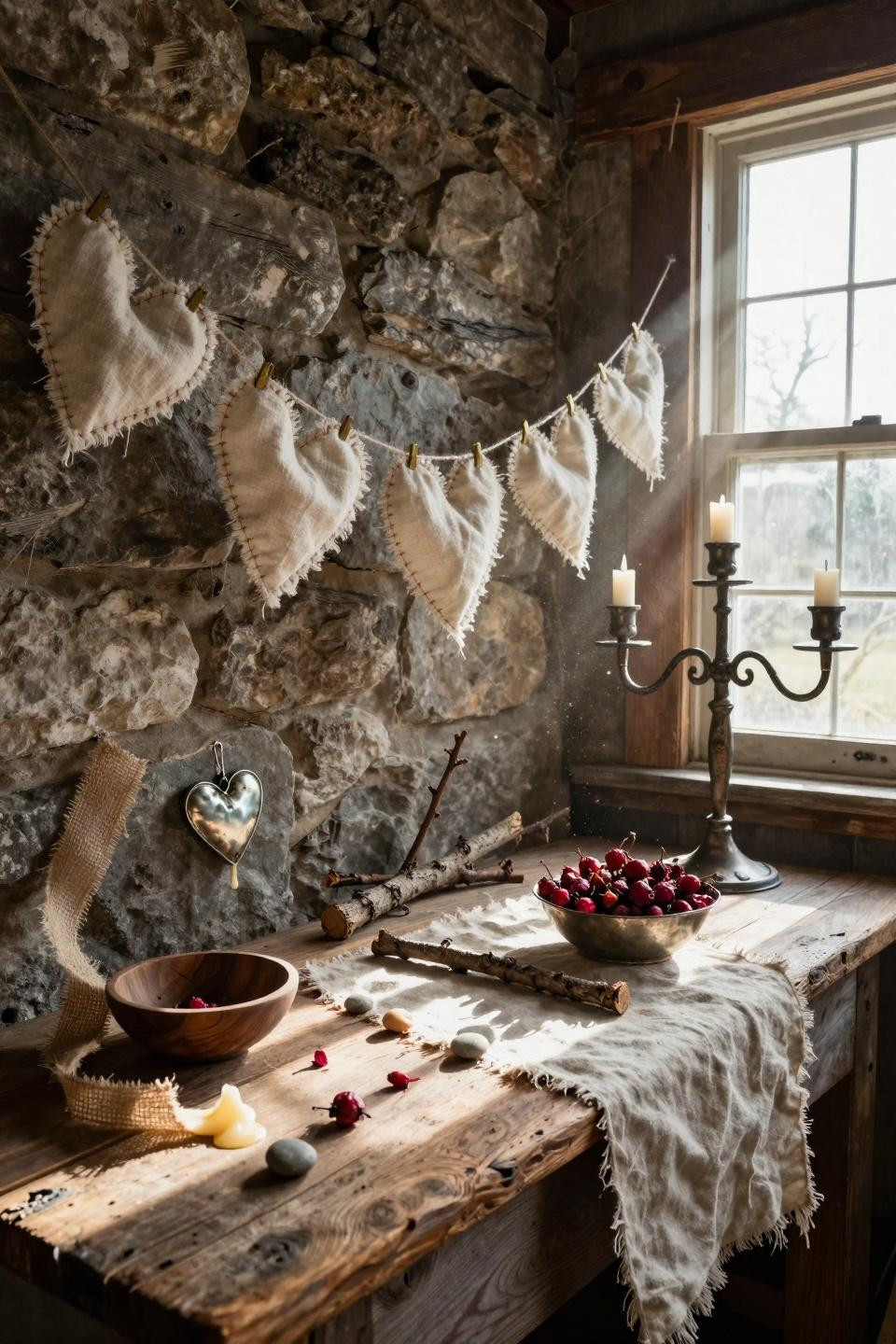 Vintage Valentines Decorations with primitive muslin garland