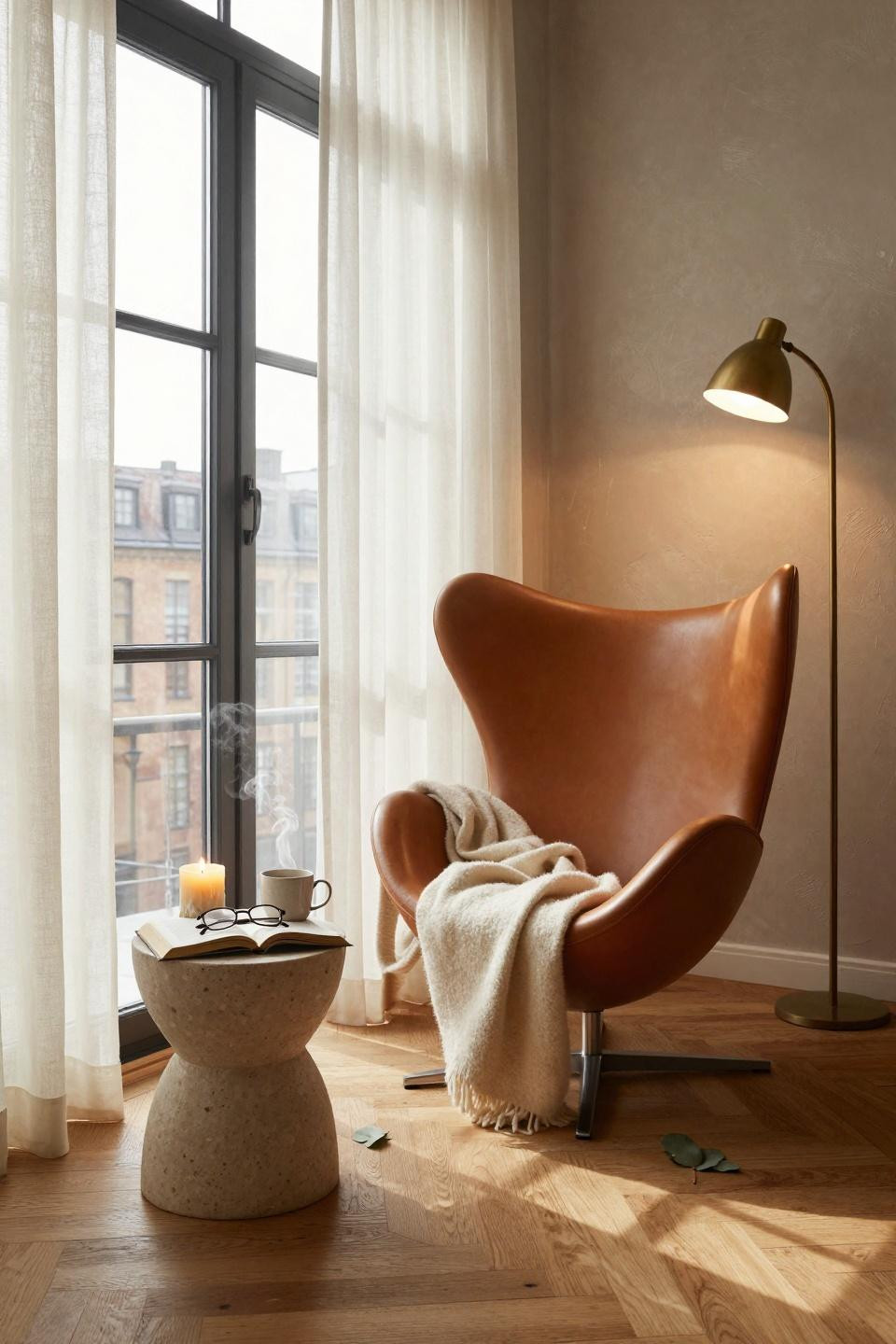 rest corner ideas - iconic egg chair in warm Scandinavian setting