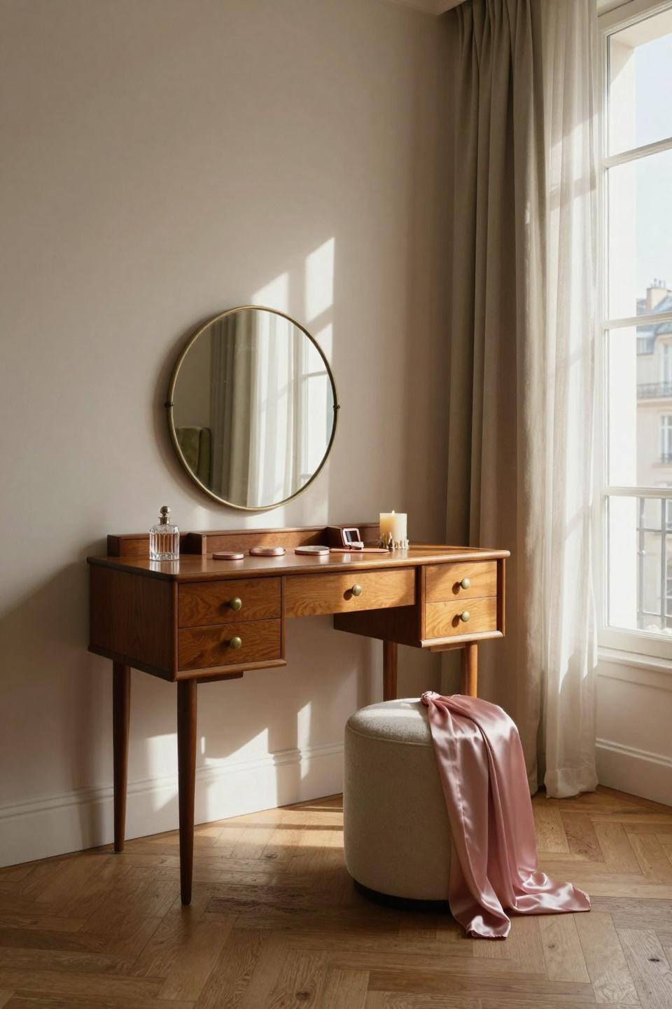 vintage vanity - 1960s teak vanity with tapered spindle legs and circular brass mirror