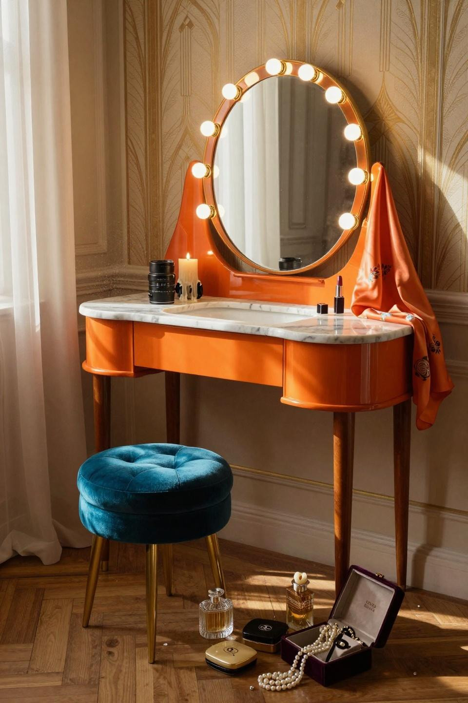vintage vanity - kidney-shaped tangerine vanity with brass mirror bulbs