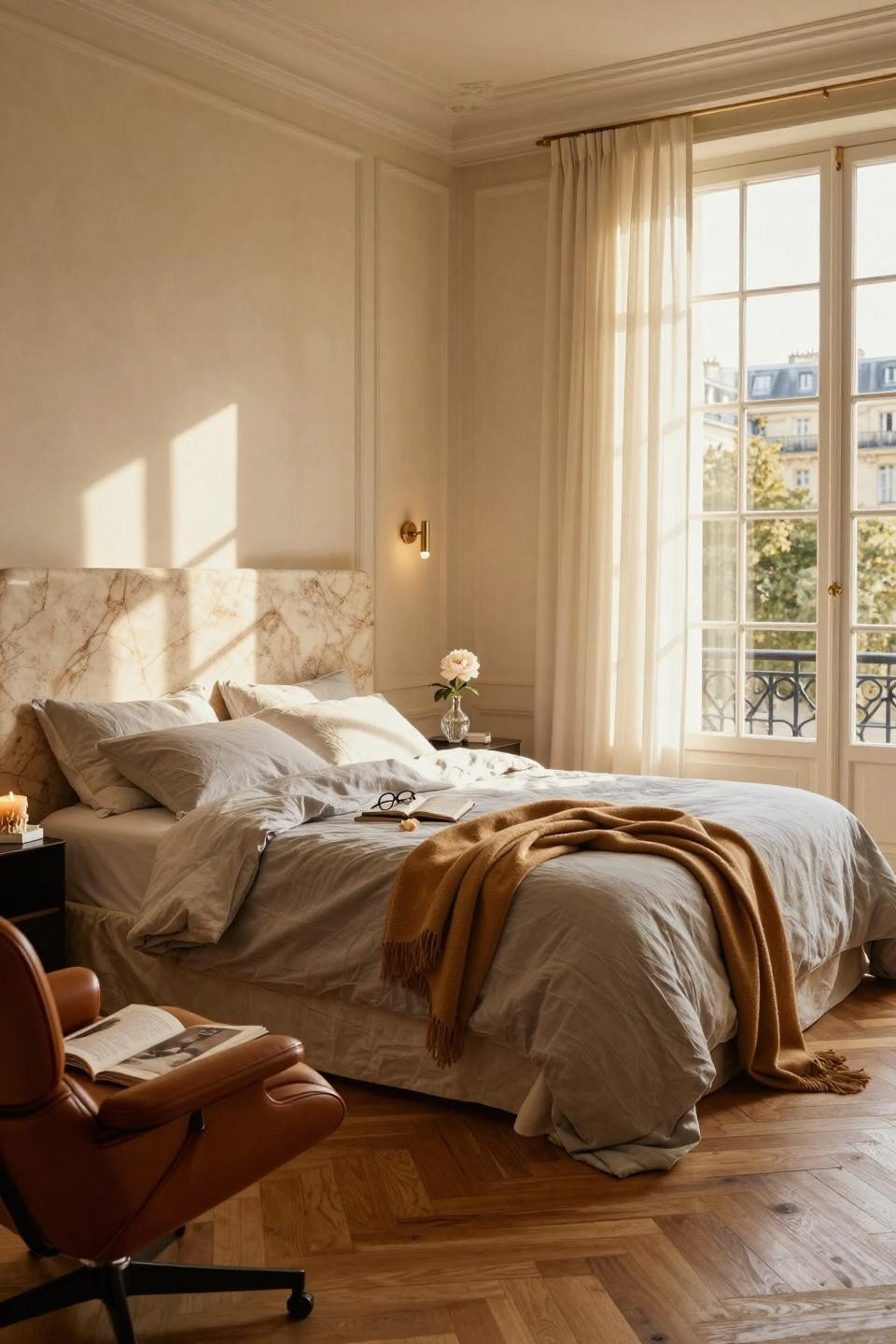 Luxurious bedrooms master romantic with hand-carved stone headboard