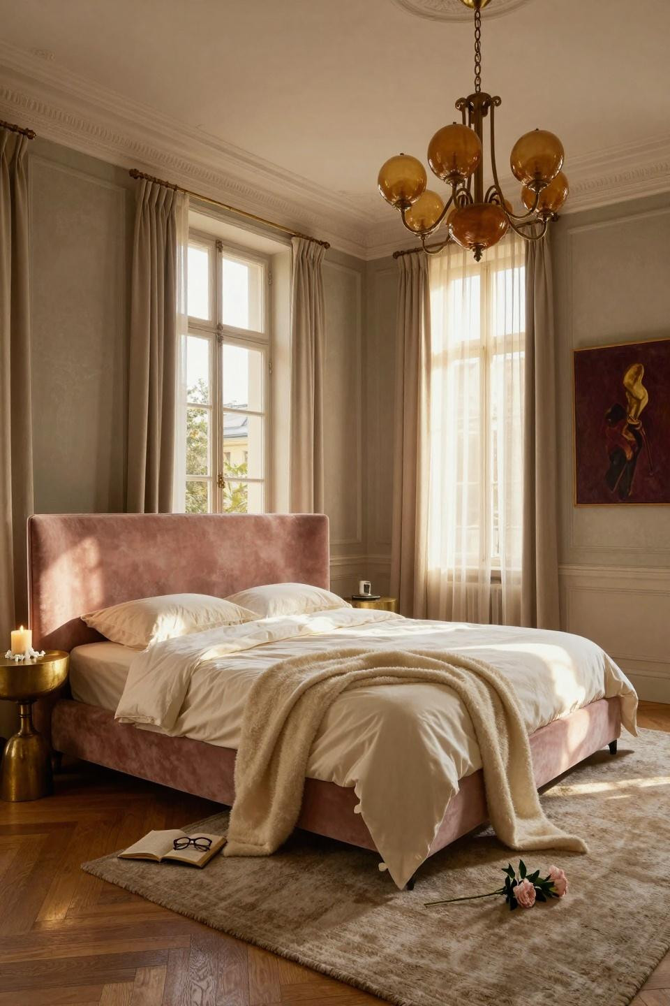 Luxurious bedrooms master romantic with soaring ceilings and velvet headboard