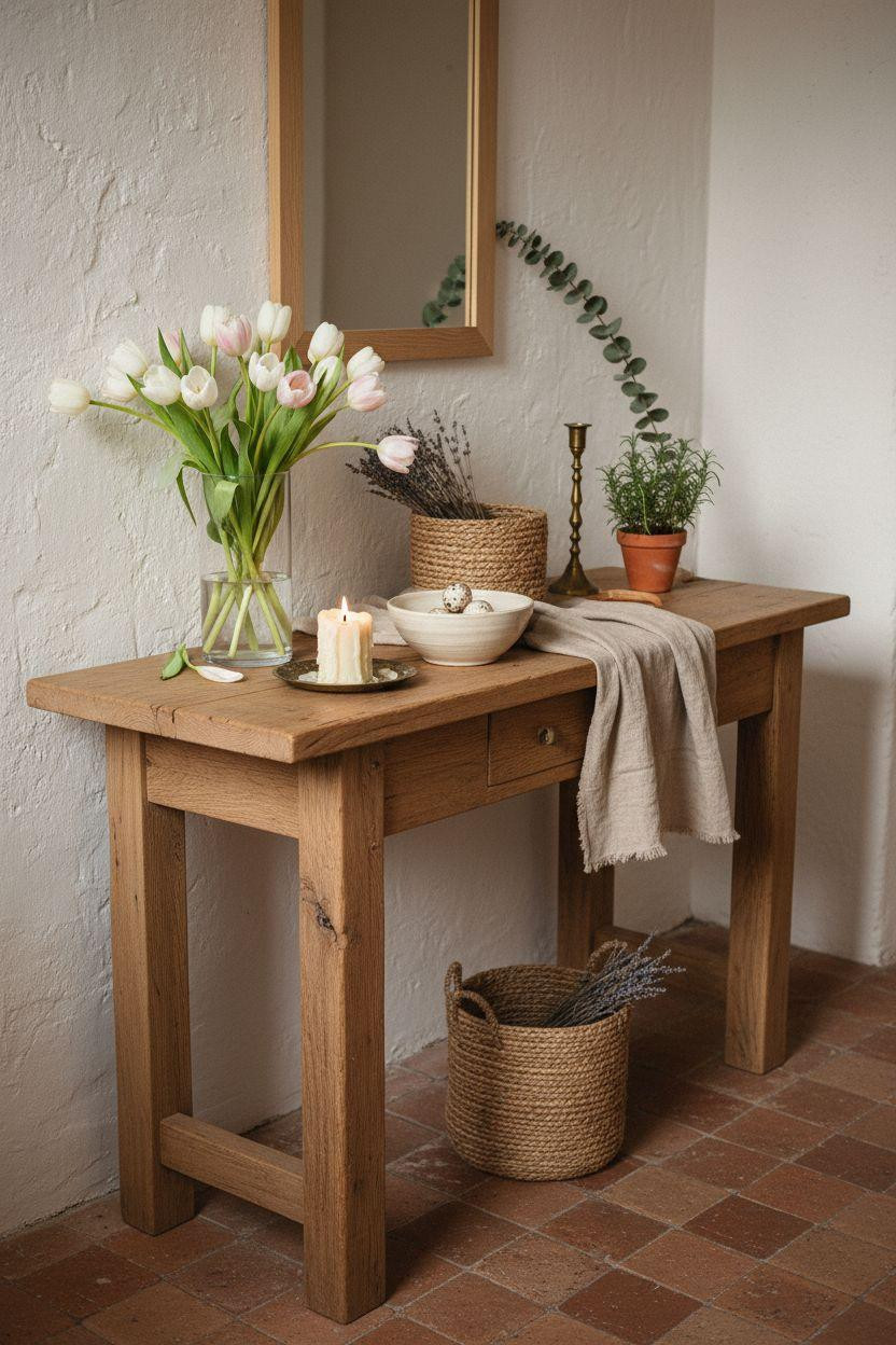 Spring Decorating Ideas For The Home - rustic oak console with white and blush tulips in glass vase