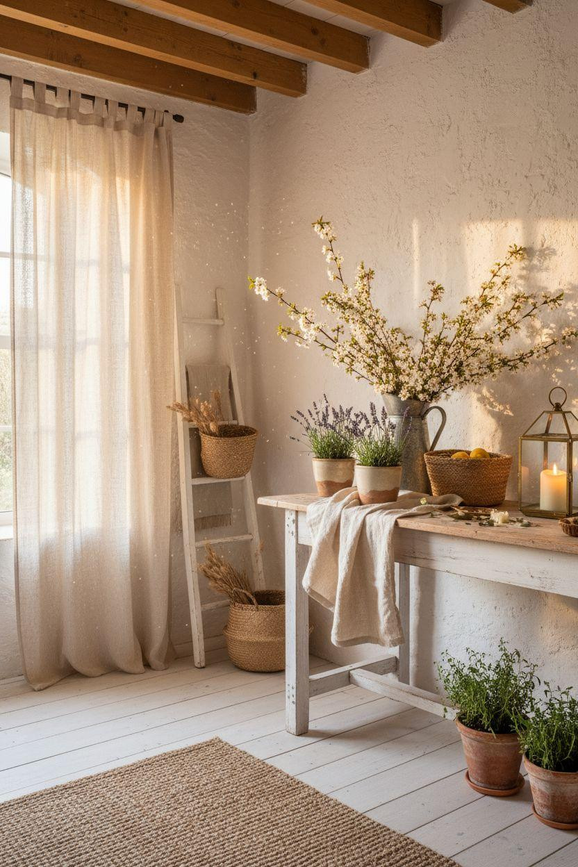 Spring Decorating Ideas For The Home - Provence entry hall with galvanized metal pitcher and cherry blossoms