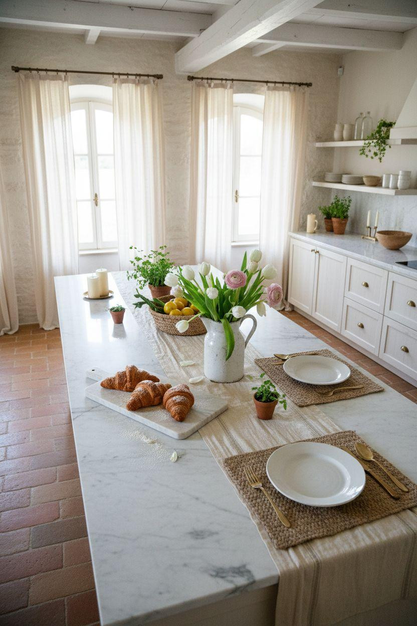 Spring Decorating Ideas For The Home - marble kitchen island with spring styling and fresh herbs