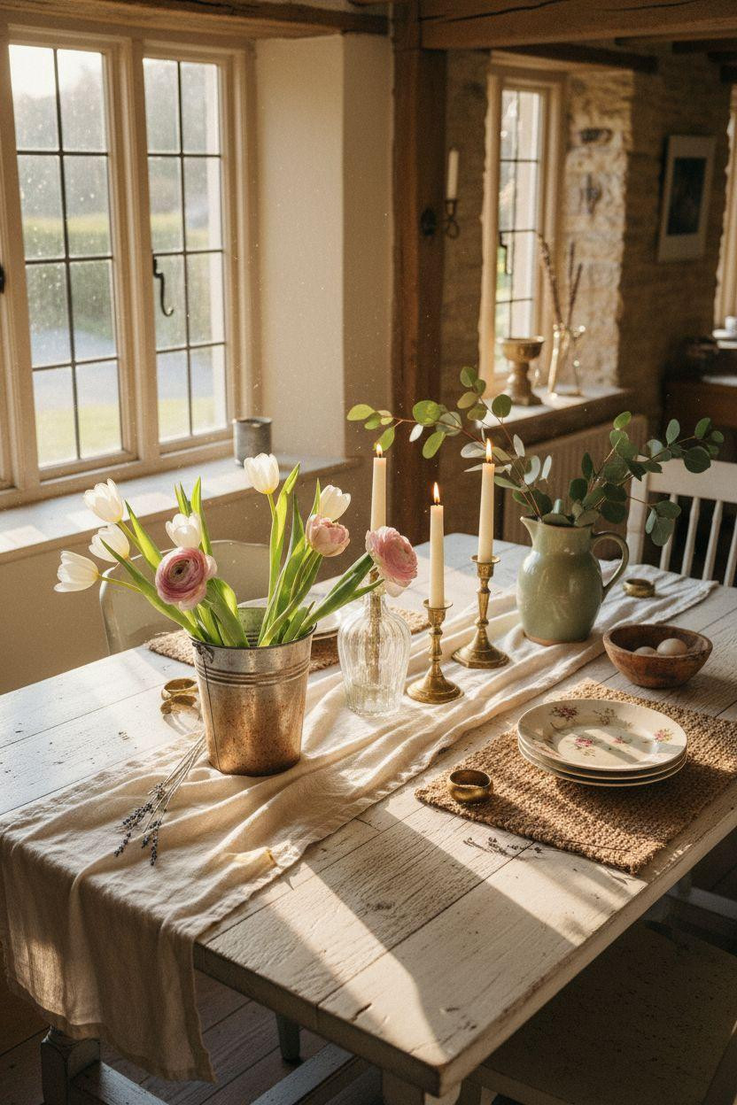 Spring Decorating Ideas For The Home - farmhouse dining table with brass candlesticks and fresh florals