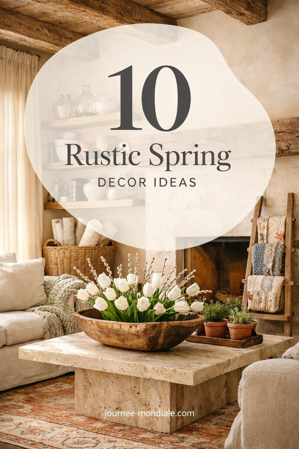 Farmhouse living room with cream linen sofa, white tulips in vintage dough bowl, sage wool throw, reclaimed oak beams, limestone fireplace, and natural spring accents