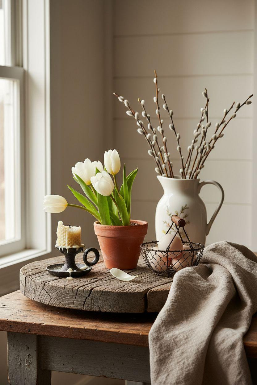 Spring Decorating Ideas For The Home - reclaimed barn wood tray with hand-thrown terracotta and fresh tulips