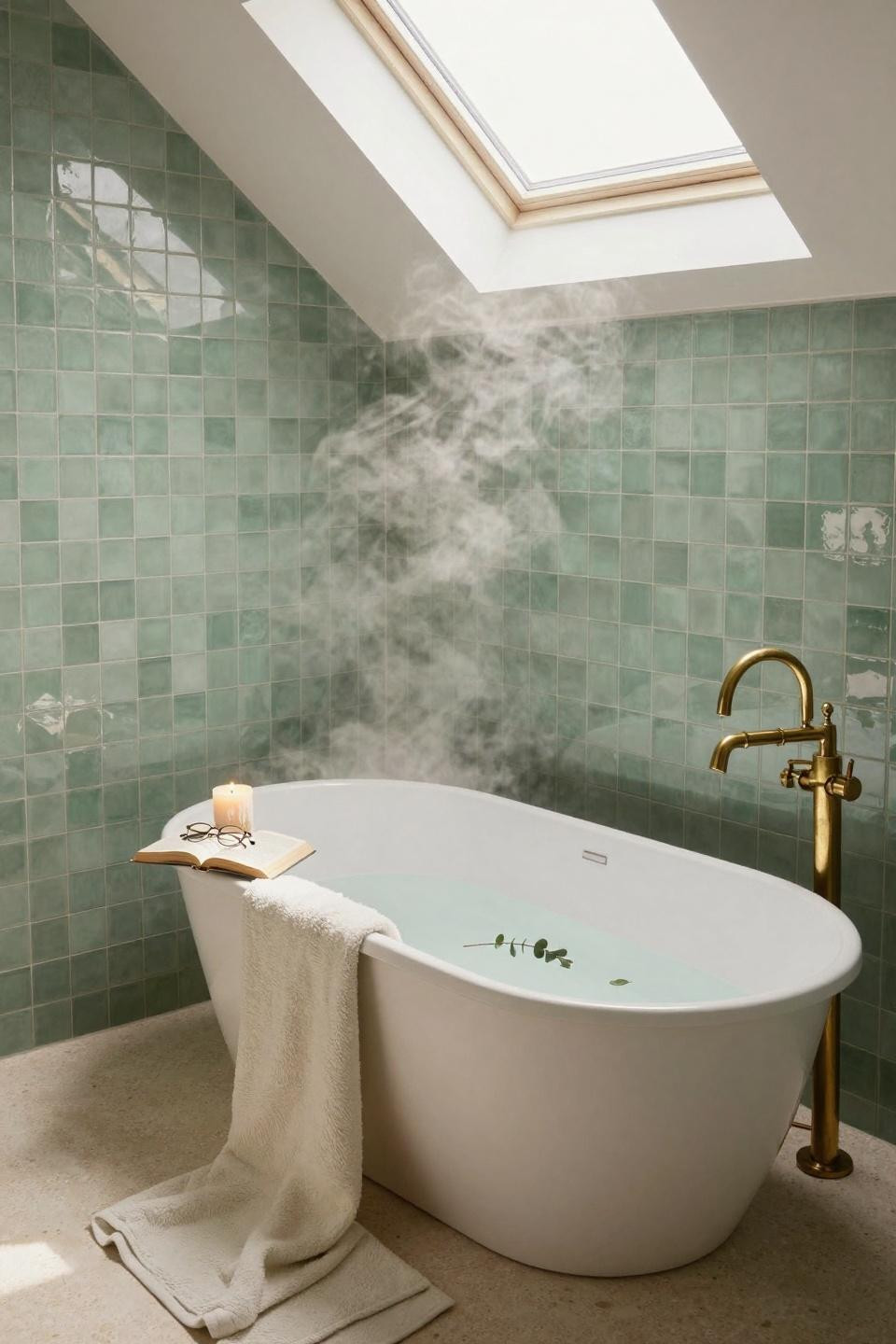 Sage Green Bathroom with skylight and tranquil oval bathtub