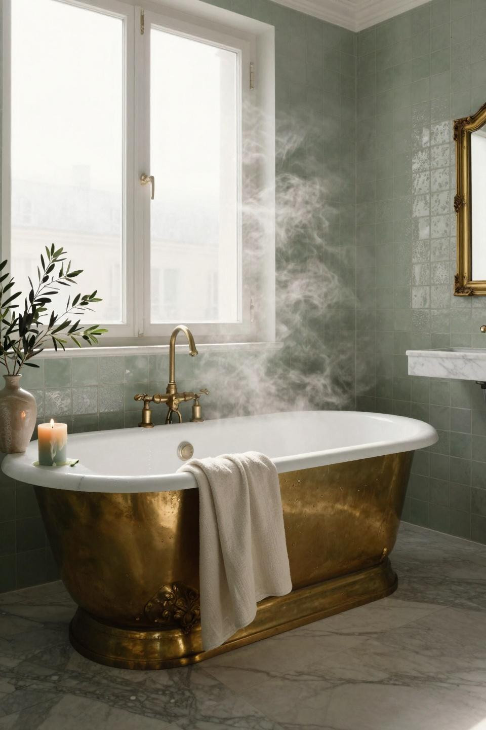 Sage Green Bathroom combining sage with grey marble elements