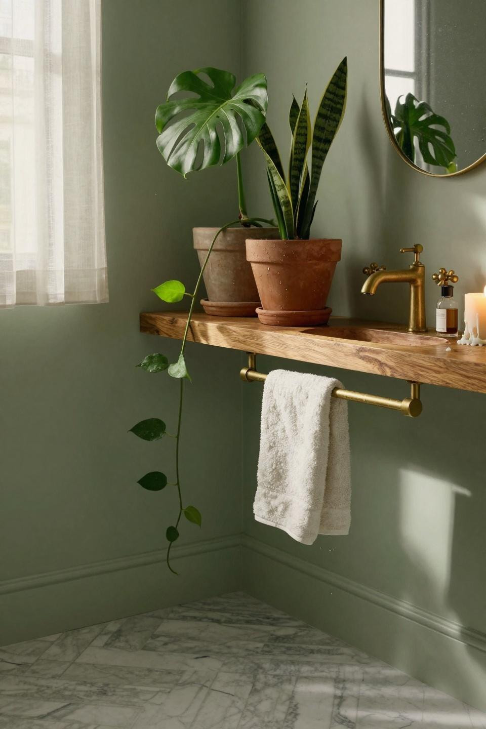 Sage Green Bathroom filled with plants and natural elements