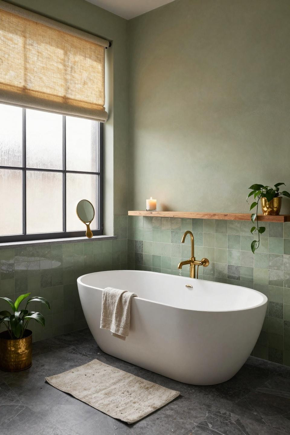 Sage Green Bathroom after transformation with custom tiles