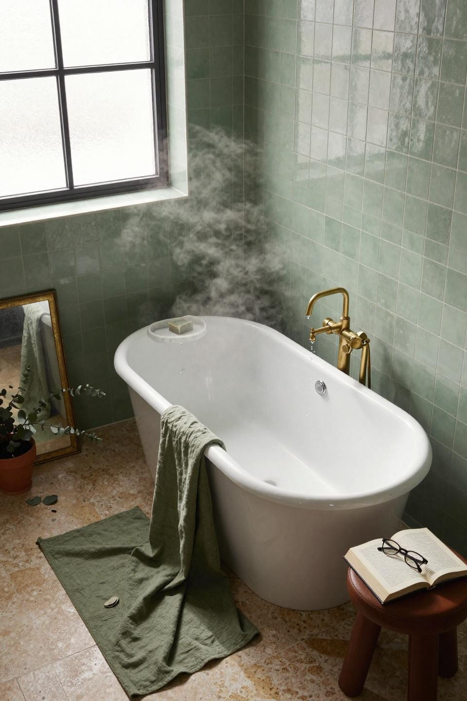 Sage Green Bathroom aerial view with oval tub centerpiece